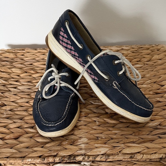 Sperry Shoes - Sperry Topsider Navy Blue Boat Shoes with Plaid Detail GUC